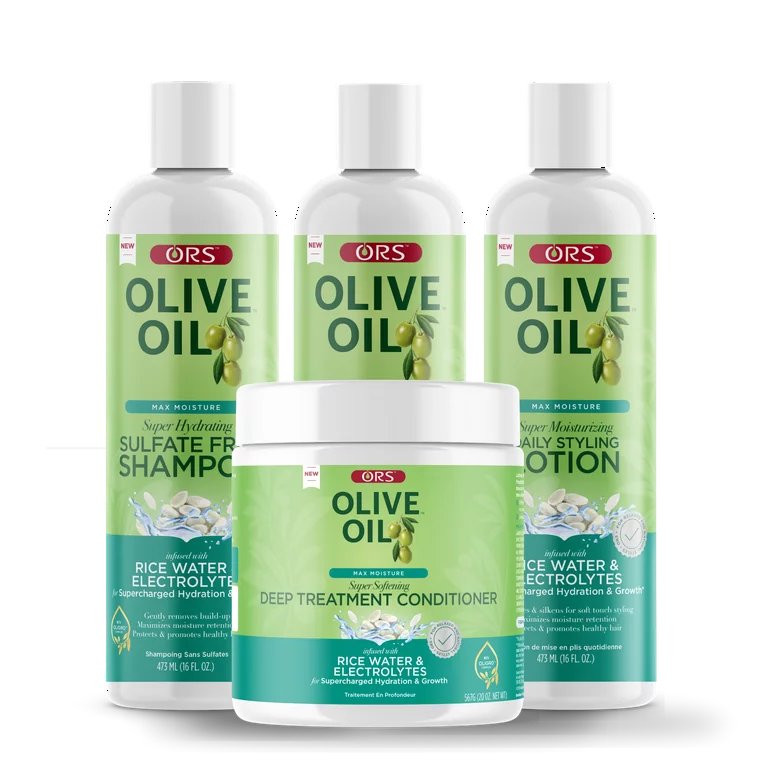 ORS - OLIVE OIL MAX MOISTURE Rice Water & Electrolytes Leave-In Conditioner 16oz / Deep Treatment Conditioner 20oz / Shampoo 16oz & Lotion 16oz